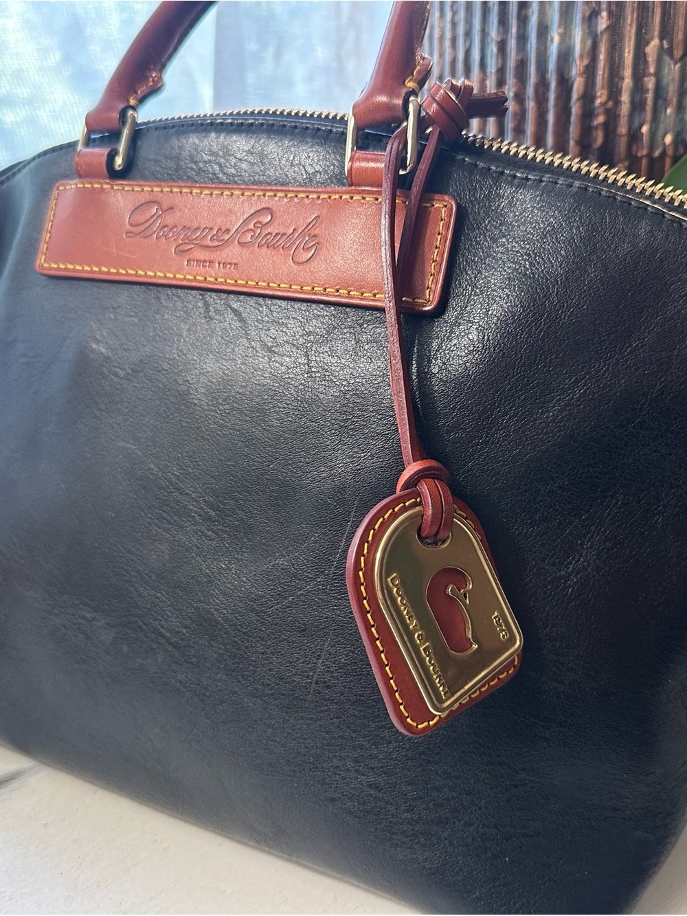 Dooney & Bourke Black Florentine Vacchetta Leather Dillen II Satchel w/Brass Tag
